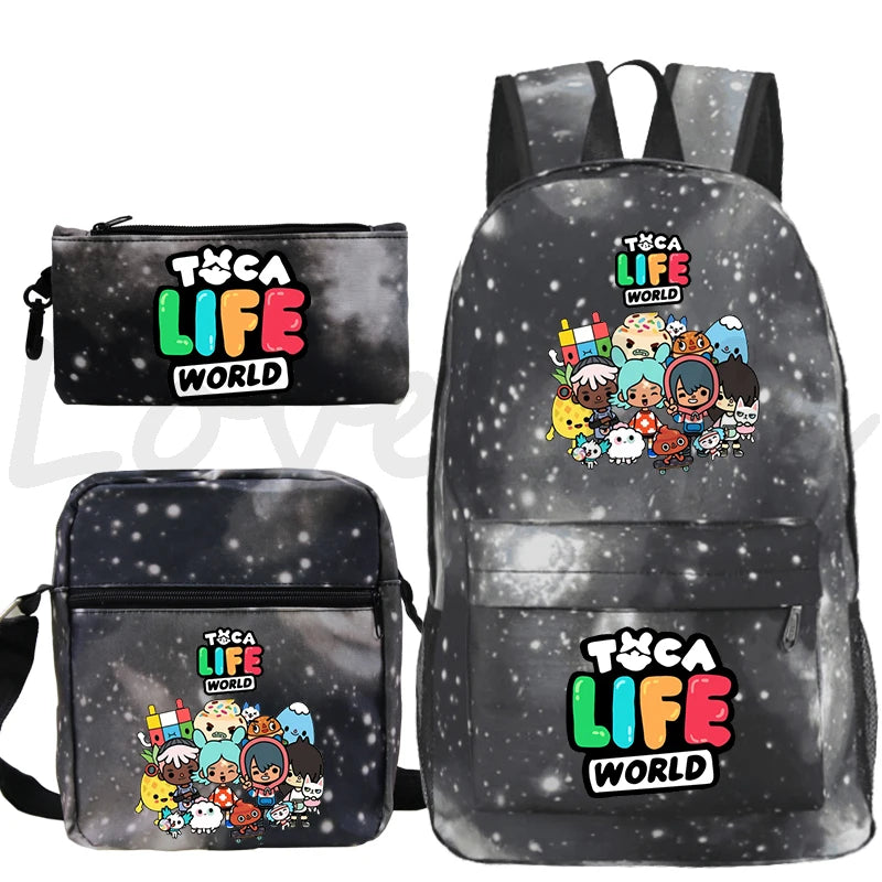 Toca Life World Backpack 3pcs Set Cute Girls Cartoon School Bags Travel Bag Toca Boca Print Bookbag Kids Anime Rucksack Mochila
