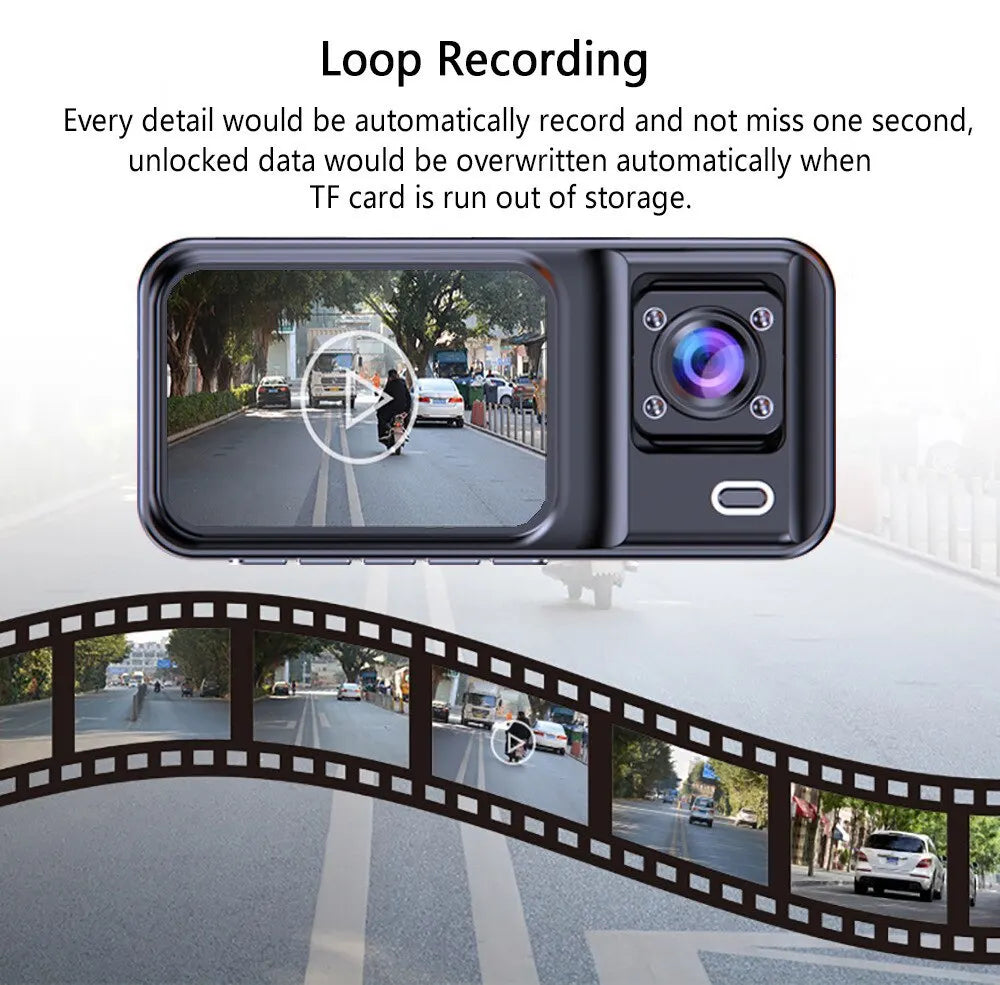 Dash Cam W/ IR Night Vision Loop Recording & 2' IPS Screen 1080P 3 Camera, DVR Recorder, Video Recorder, Vehicle DVR