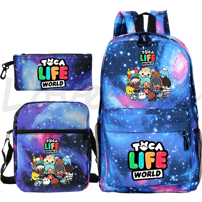 Toca Life World Backpack 3pcs Set Cute Girls Cartoon School Bags Travel Bag Toca Boca Print Bookbag Kids Anime Rucksack Mochila