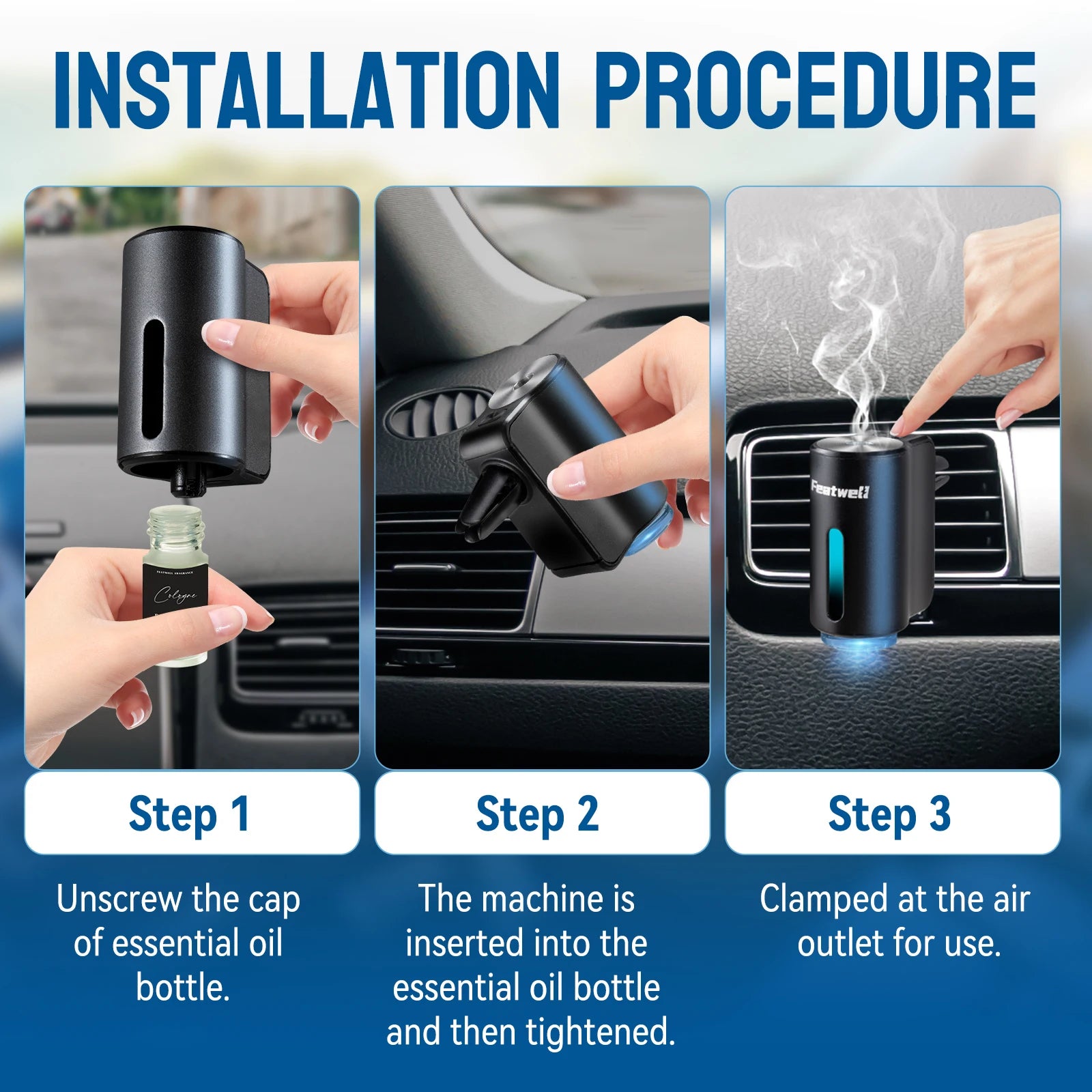 Smart Car Air Freshener Diffuser, Three Adjustable Modes, Intelligent Car Aroma Diffuser with 3pcs Essential Oil