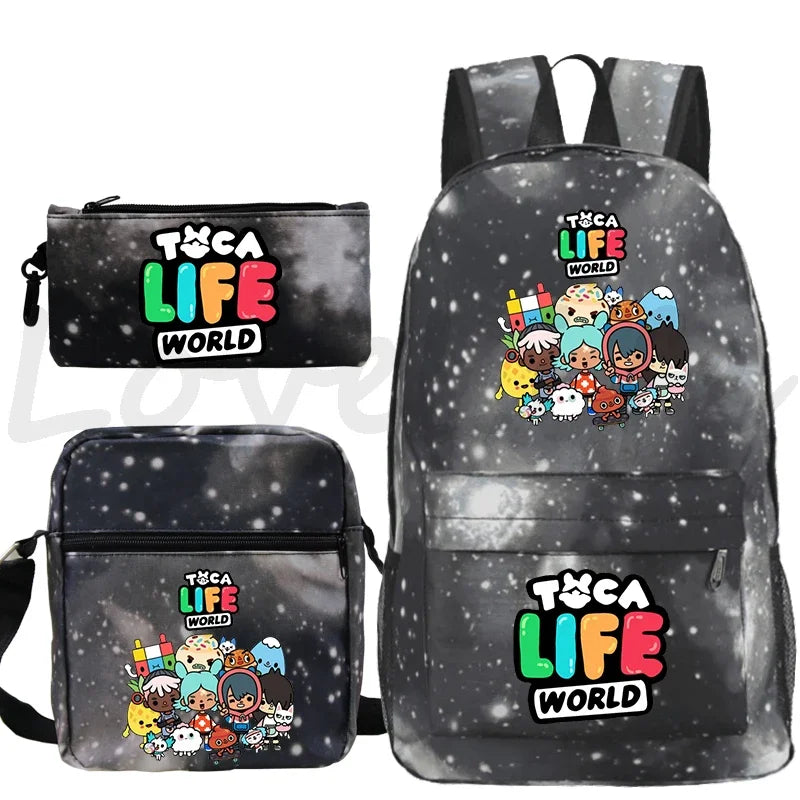 Toca Life World Backpack 3pcs Set Cute Girls Cartoon School Bags Travel Bag Toca Boca Print Bookbag Kids Anime Rucksack Mochila
