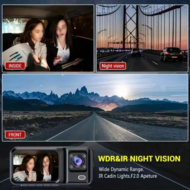 Dash Cam W/ IR Night Vision Loop Recording & 2' IPS Screen 1080P 3 Camera, DVR Recorder, Video Recorder, Vehicle DVR