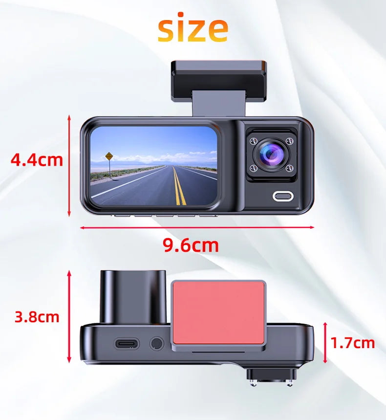 Dash Cam W/ IR Night Vision Loop Recording & 2' IPS Screen 1080P 3 Camera, DVR Recorder, Video Recorder, Vehicle DVR