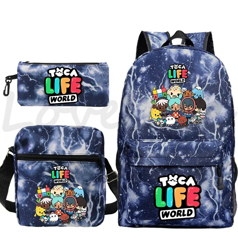 Toca Life World Backpack 3pcs Set Cute Girls Cartoon School Bags Travel Bag Toca Boca Print Bookbag Kids Anime Rucksack Mochila