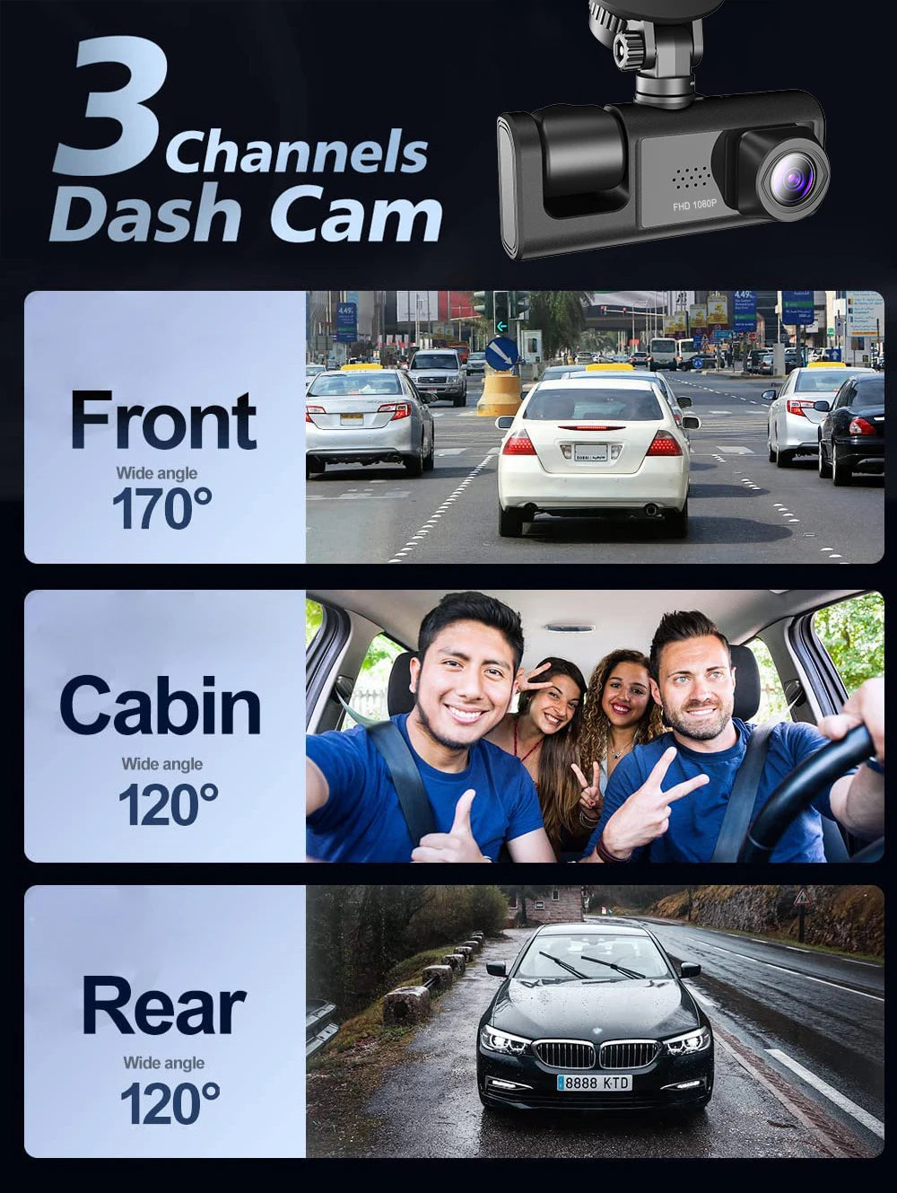 2.0Inch Car DVR Dash Cam HD Dash Camera Three Way Lens Video Recorder 1080P Black Box Cycle Recording Dashcam Camcorder