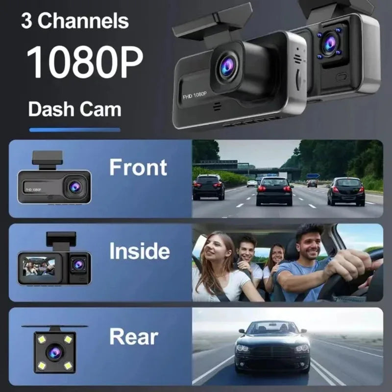 Dash Cam W/ IR Night Vision Loop Recording & 2' IPS Screen 1080P 3 Camera, DVR Recorder, Video Recorder, Vehicle DVR