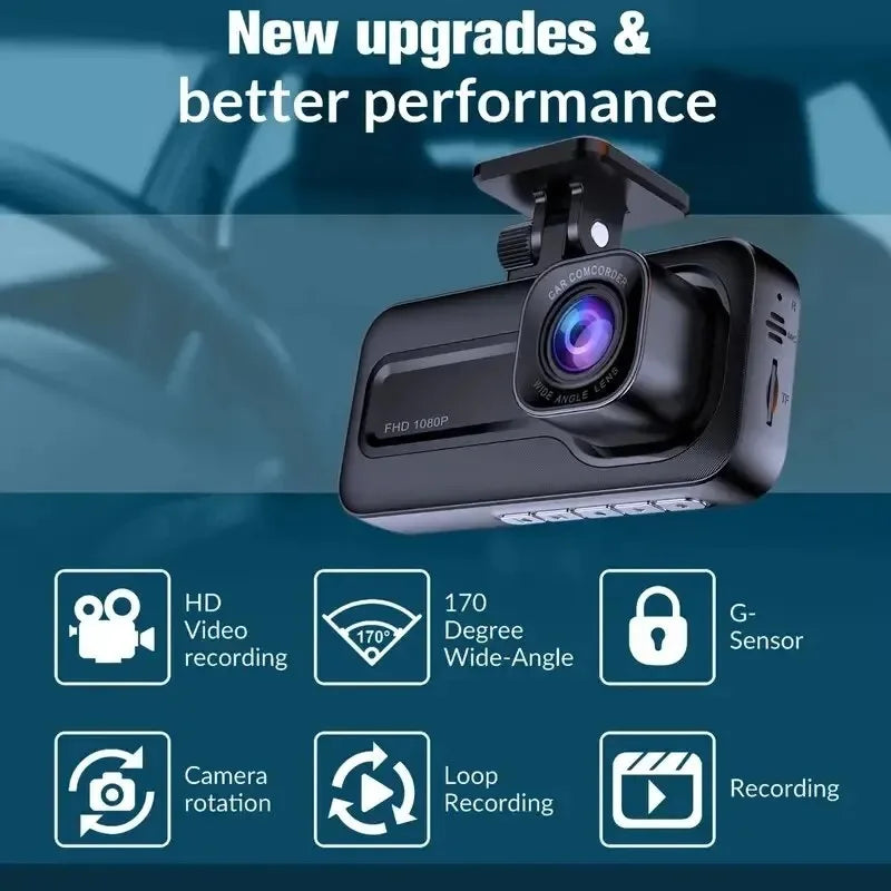 Dash Cam W/ IR Night Vision Loop Recording & 2' IPS Screen 1080P 3 Camera, DVR Recorder, Video Recorder, Vehicle DVR