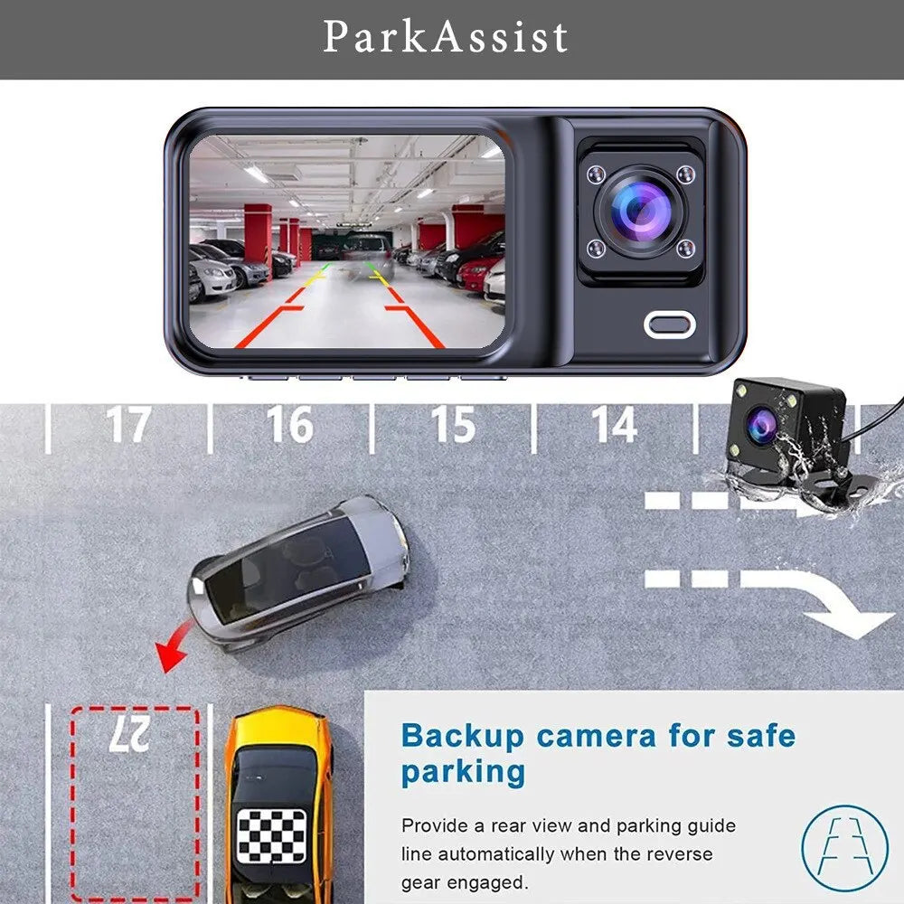 Dash Cam W/ IR Night Vision Loop Recording & 2' IPS Screen 1080P 3 Camera, DVR Recorder, Video Recorder, Vehicle DVR