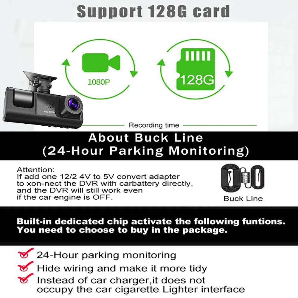 2.0Inch Car DVR Dash Cam HD Dash Camera Three Way Lens Video Recorder 1080P Black Box Cycle Recording Dashcam Camcorder