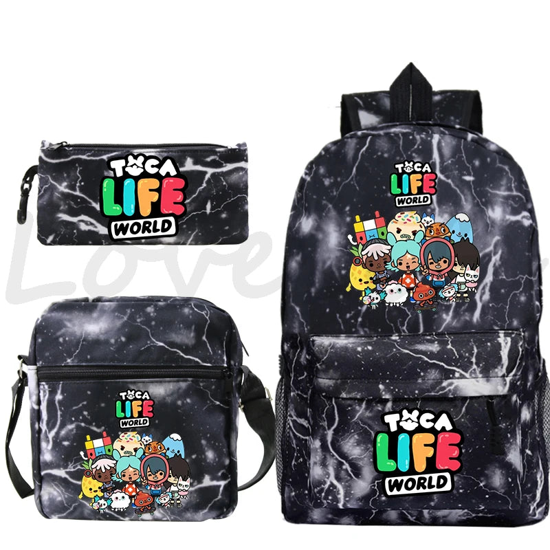 Toca Life World Backpack 3pcs Set Cute Girls Cartoon School Bags Travel Bag Toca Boca Print Bookbag Kids Anime Rucksack Mochila