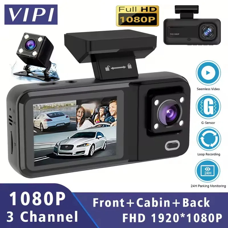 Dash Cam W/ IR Night Vision Loop Recording & 2' IPS Screen 1080P 3 Camera, DVR Recorder, Video Recorder, Vehicle DVR