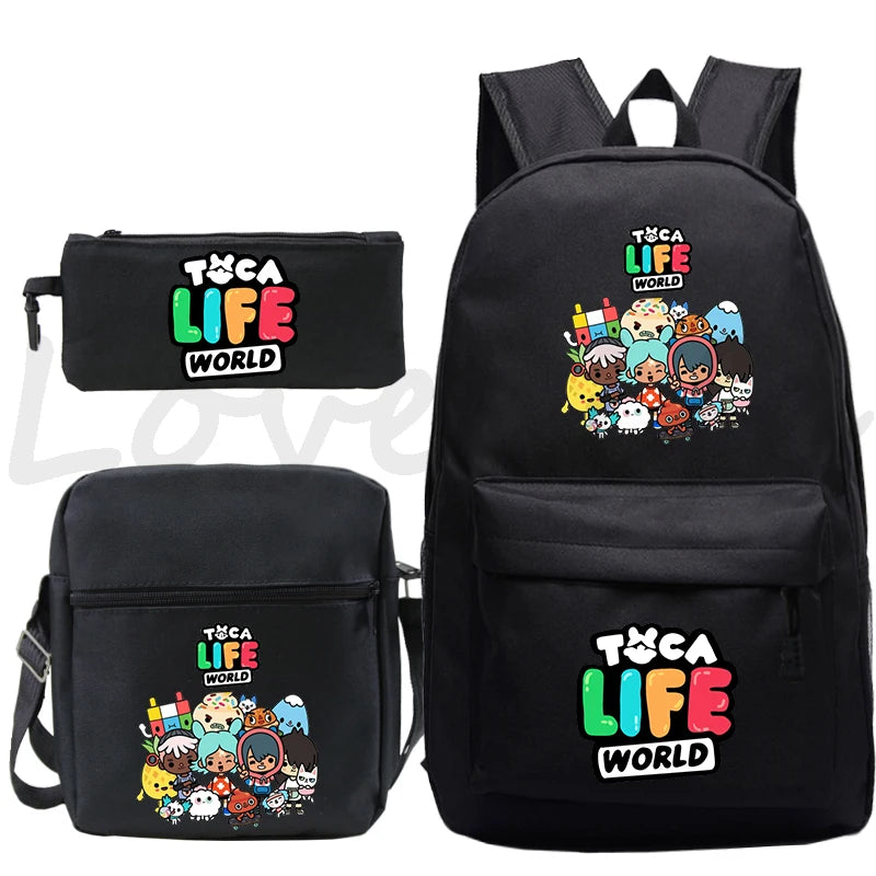 Toca Life World Backpack 3pcs Set Cute Girls Cartoon School Bags Travel Bag Toca Boca Print Bookbag Kids Anime Rucksack Mochila