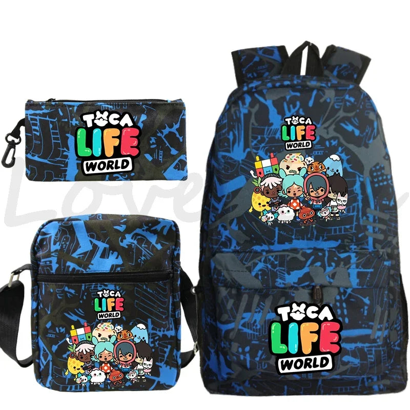 Toca Life World Backpack 3pcs Set Cute Girls Cartoon School Bags Travel Bag Toca Boca Print Bookbag Kids Anime Rucksack Mochila